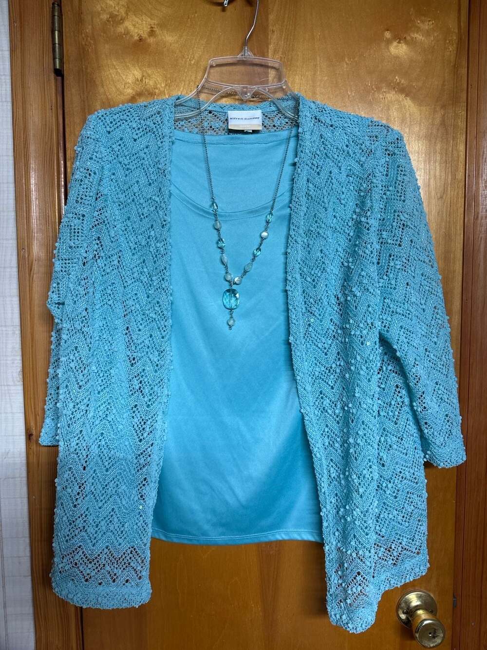 Alfred Dunner 3-Piece Light Blue Lace Cardigan & Shell Set w/ Necklace Size Wome